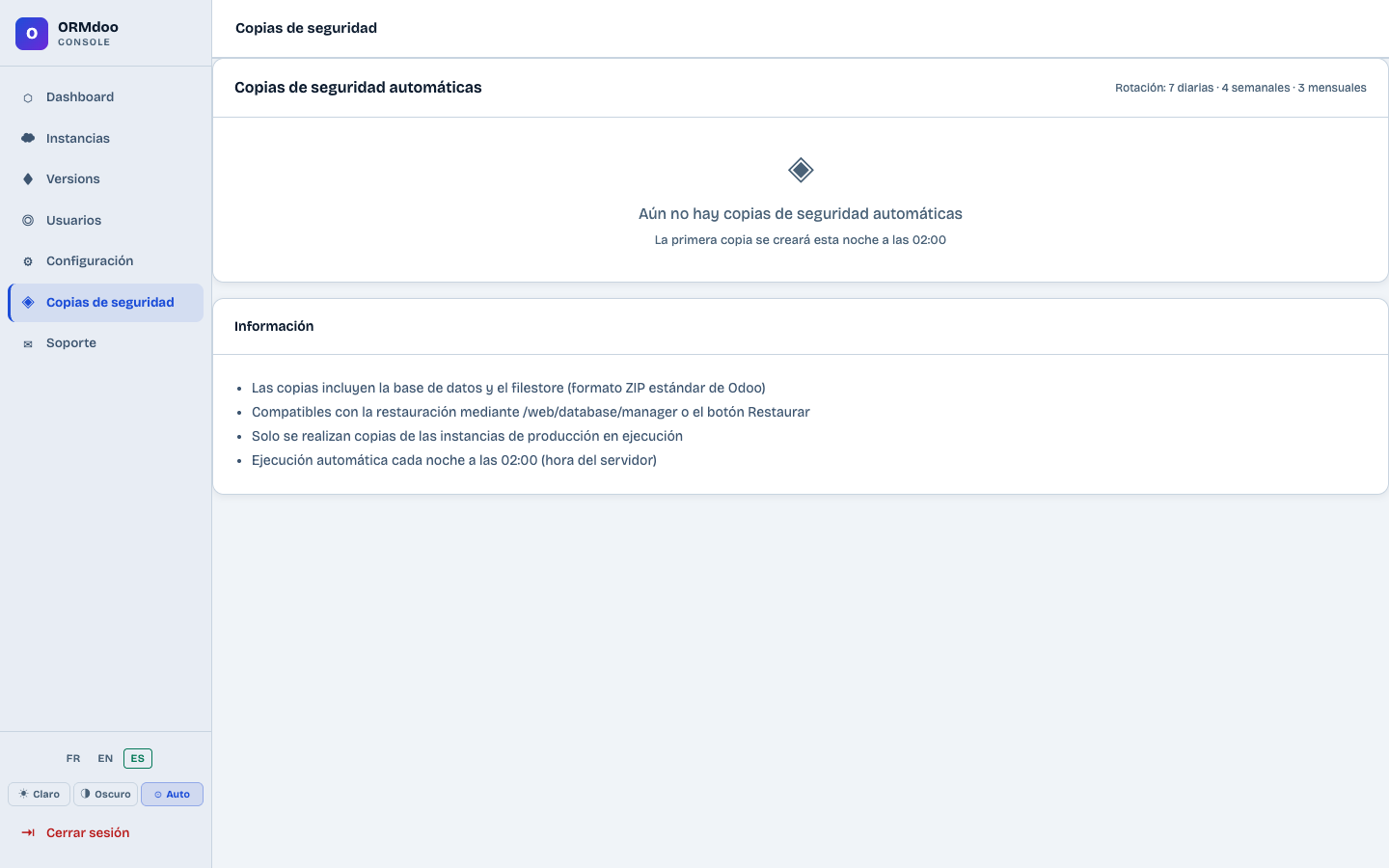 Página de copias de seguridad automáticas