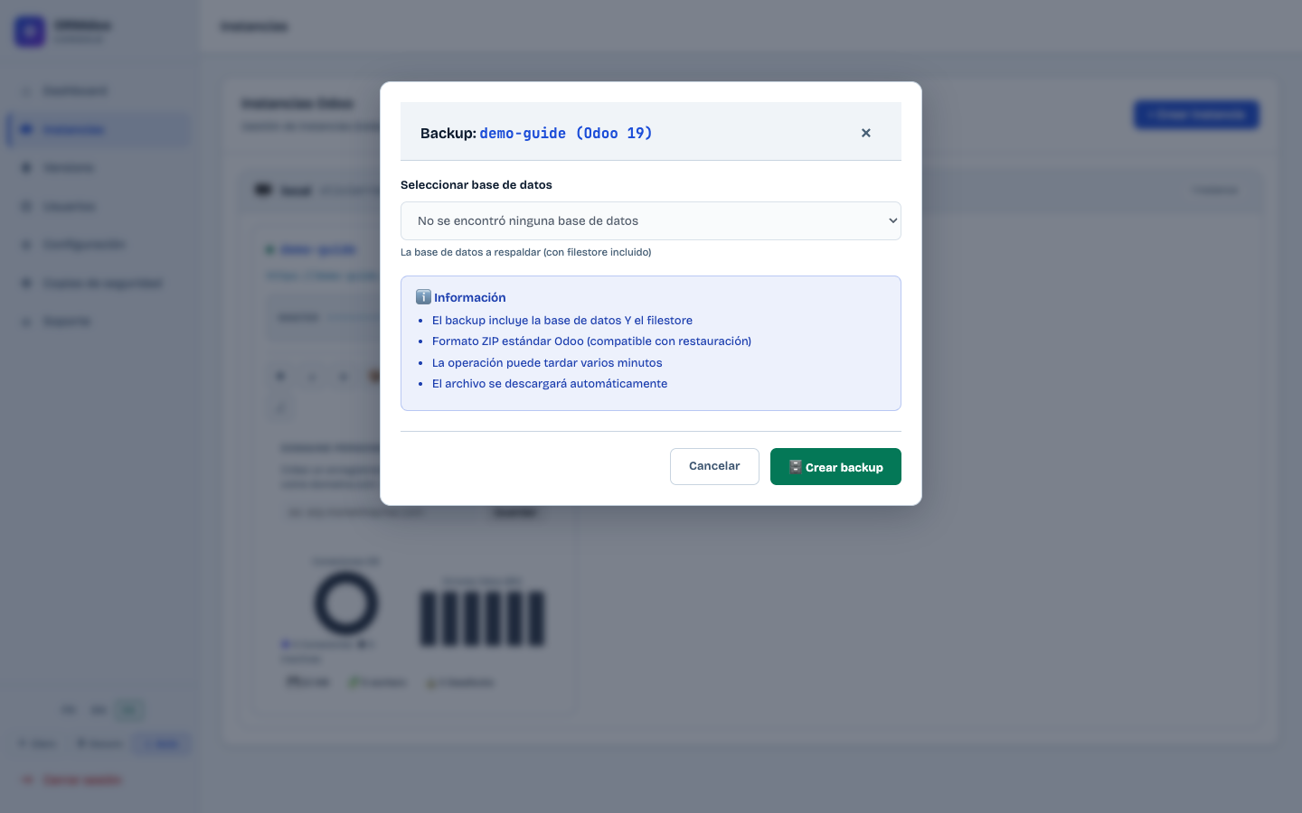 Ventana de creación de backup